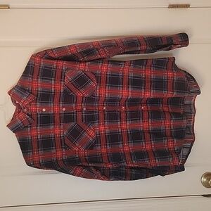 The Highlander Flannel by Bud Burma, Red Blue Plaid Button Down, Size L, EUC